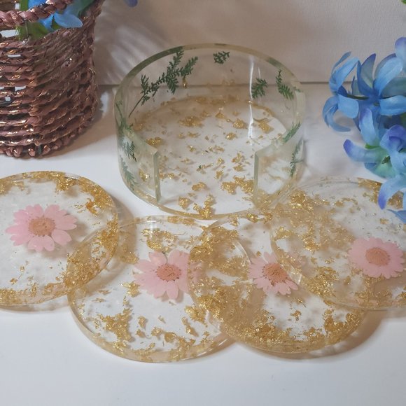 Other - Set of 4 Handmade Floral Coasters with Holder